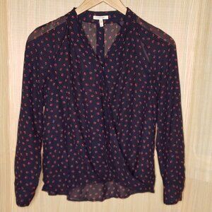 Maurices Womens Navy Red Semi Sheer Faux Wrap Floral Blouse Small